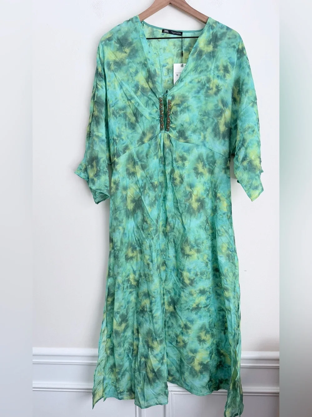 Zara Printed Beaded Dress Kaftan Lyocell blend lightweight Green M NWT